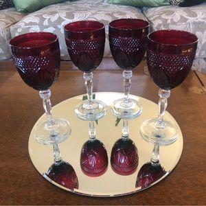 4 Ruby Red Stemmed Water Goblets 8”
